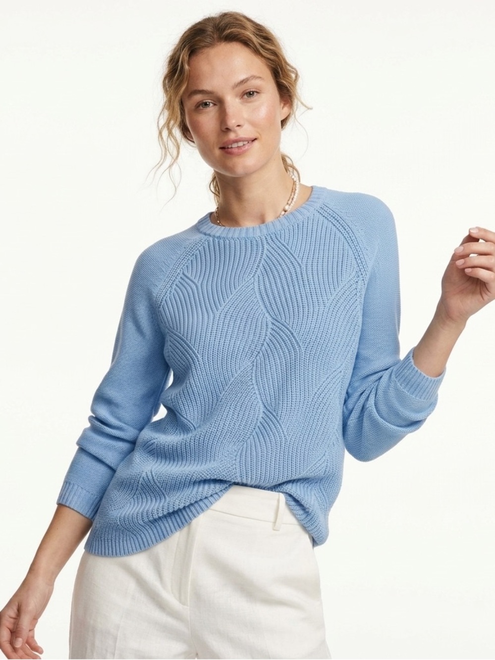 Talbots Light Blue Pointelle Raglan Knit Sweater Wavy Texture Pullover Small